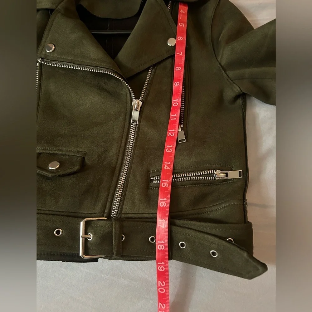 Zara Olive Moto Jacket Belted Zip Biker Chic Trendy S - Picture 6 of 14